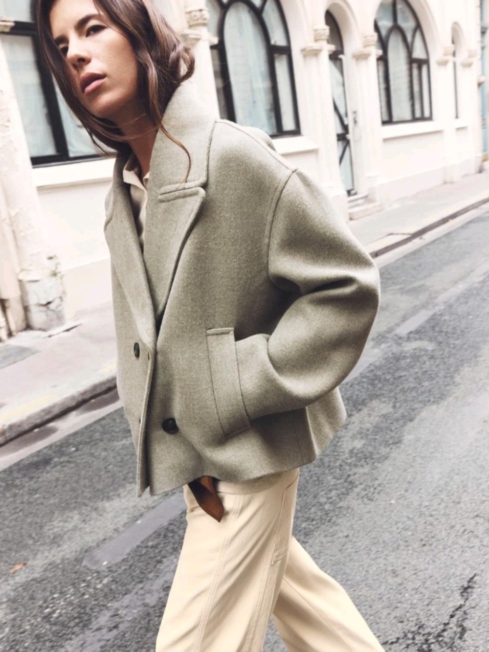 ZARA Double-Breasted Wool Peacoat in Light Olive